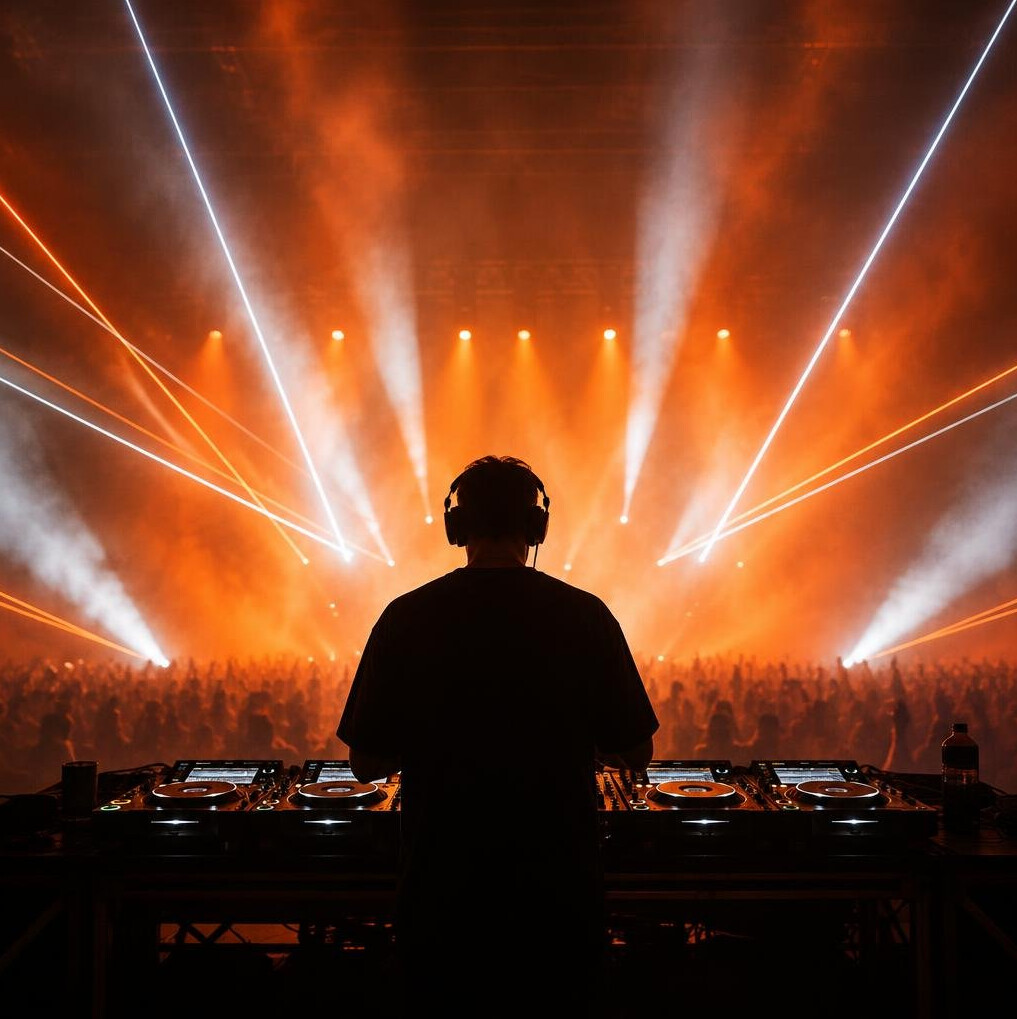 DJ performing on stage with lights