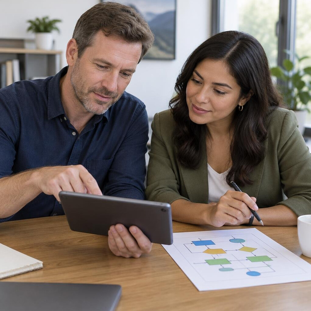 Two colleagues reviewing documents at a desk
