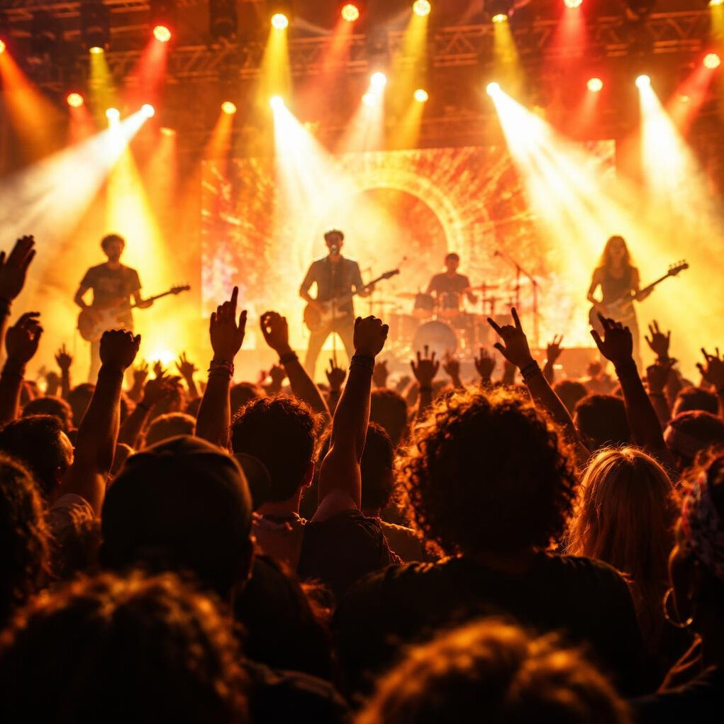 Live concert with stage lights and a crowd
