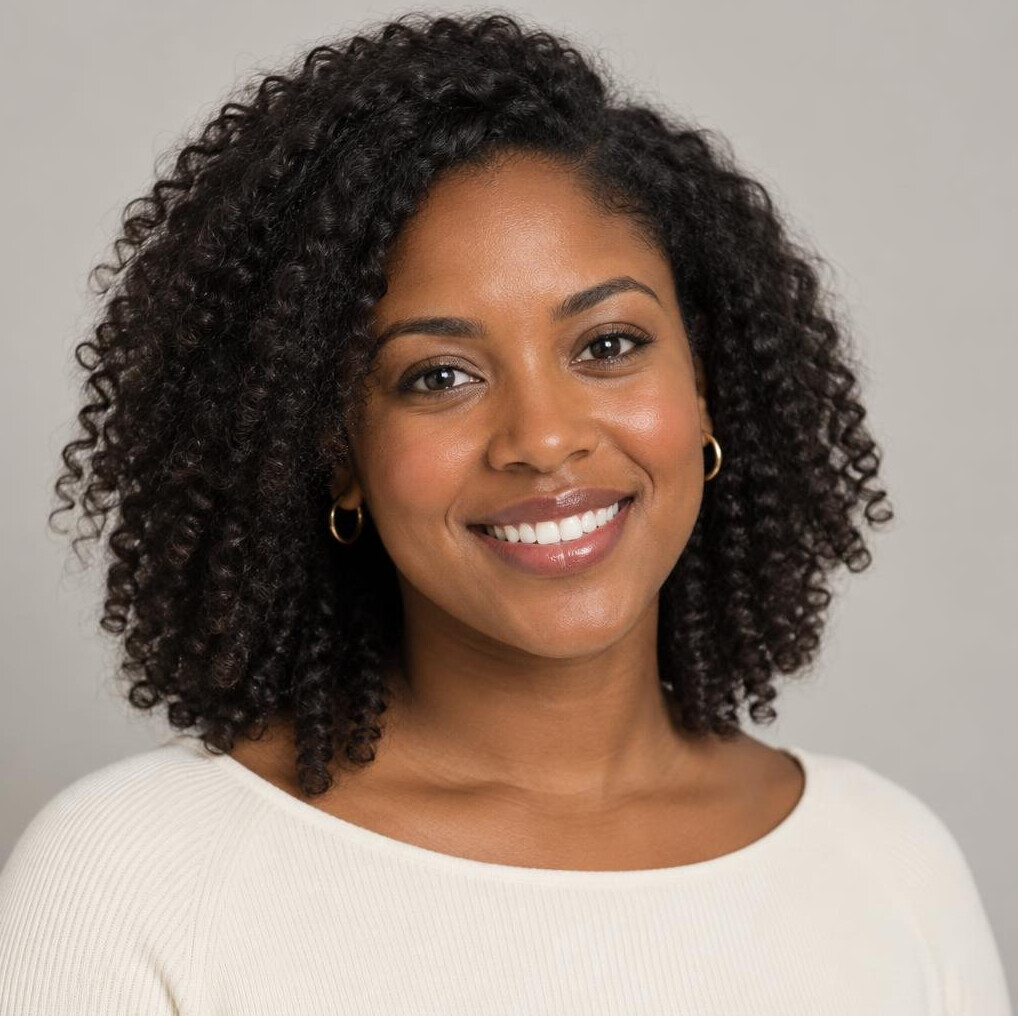 Portrait of a woman with curly dark hair smiling