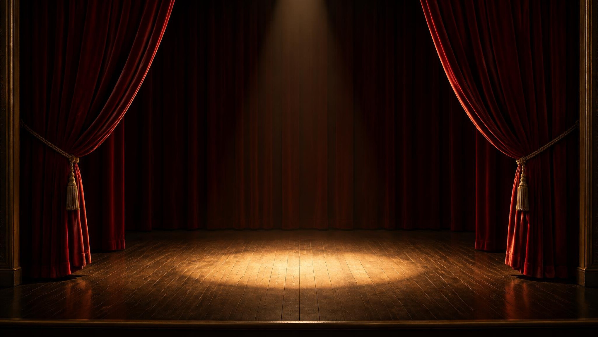 Empty theatre stage with red curtain
